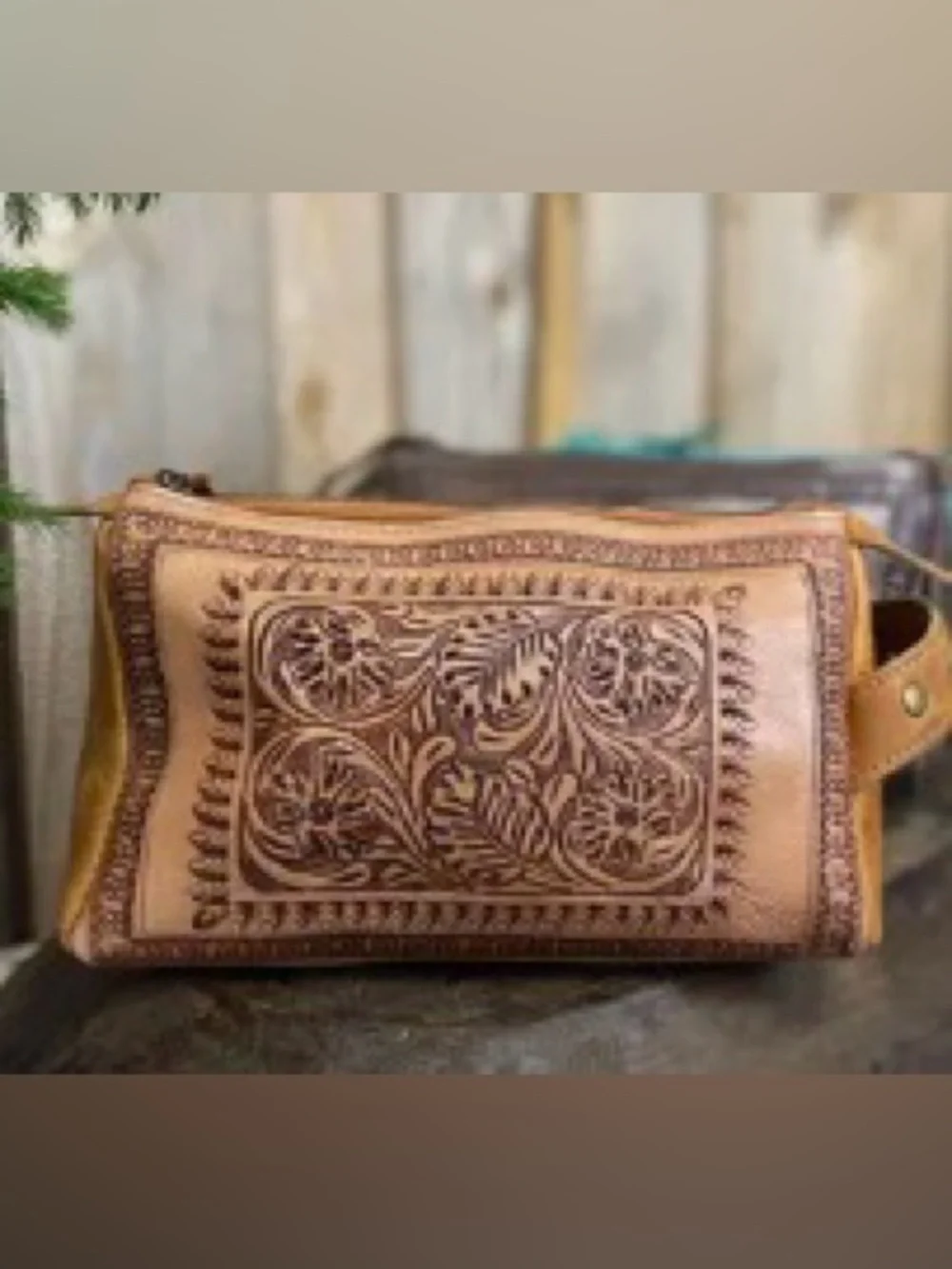 Hand-Tooled Leather Cosmetic Case - Tan